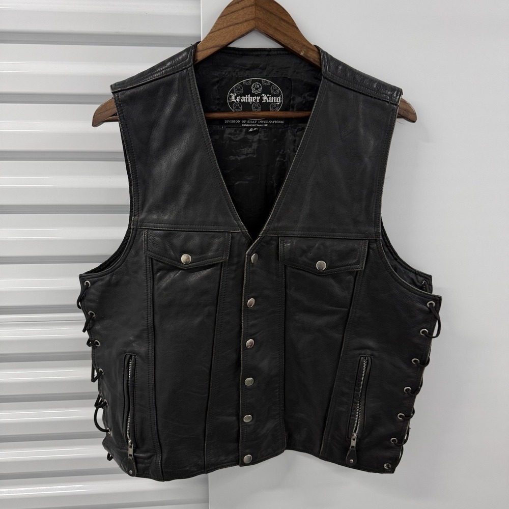 Leather King Mens XXL Black Leather Motorcycle Vest Biker Side Lace Pockets